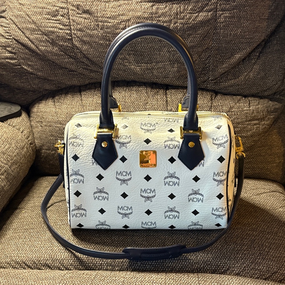 MCM Visetos  White Boston Bag with Strap Leather Satchel